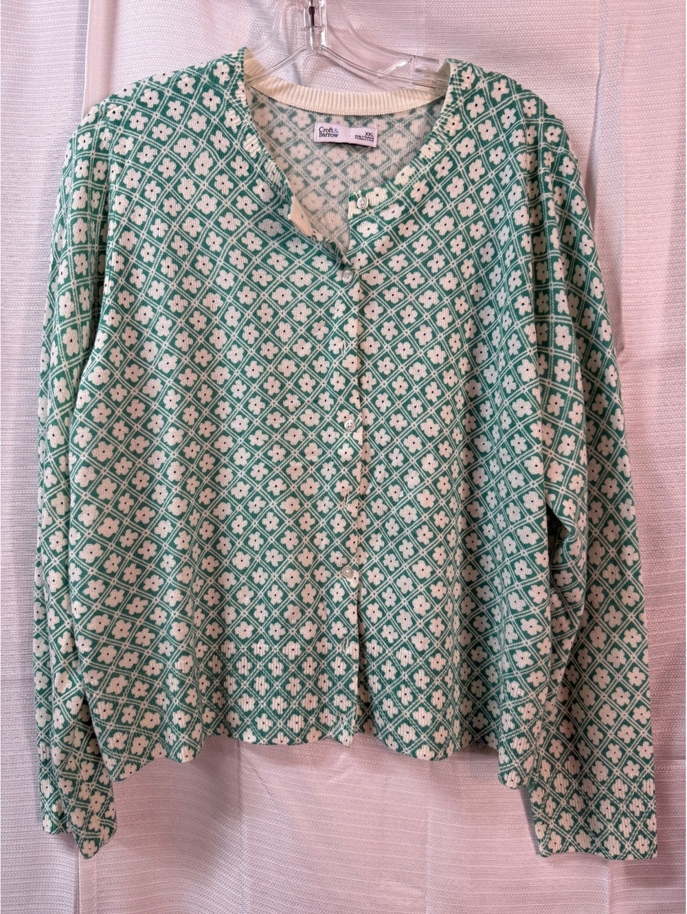 Croft & Barrow Women's XXL Green and White Patterned Cardigan Sweater